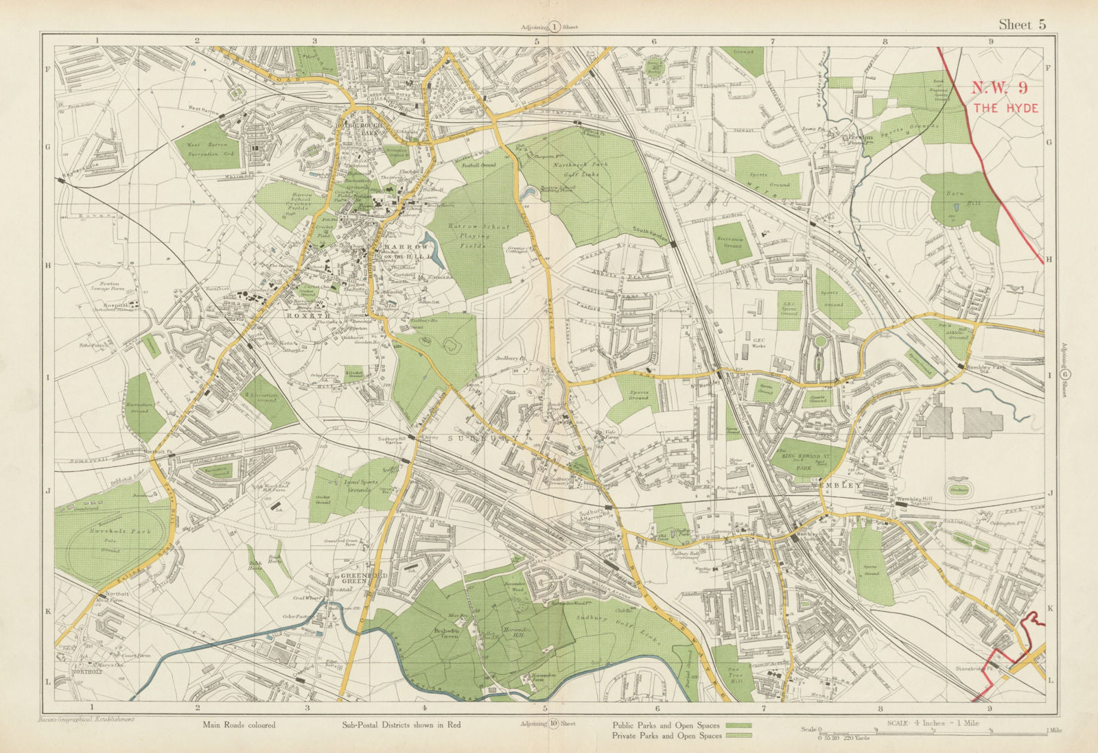 NW LONDON Wembley Harrow on the Hill Kenton Northolt Sudbury. BACON 1934 map